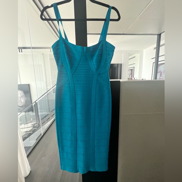 AUTHENTIC HERVE LEGER Blue Turquoise Judith
Bandage Bodycon Dress Size Small - Picture 2 of 4